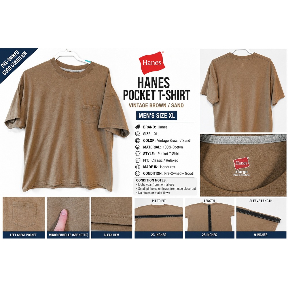 Hanes Mens Pocket T-Shirt XL Brown Heather Short Sleeve Crew Neck Basic Tee